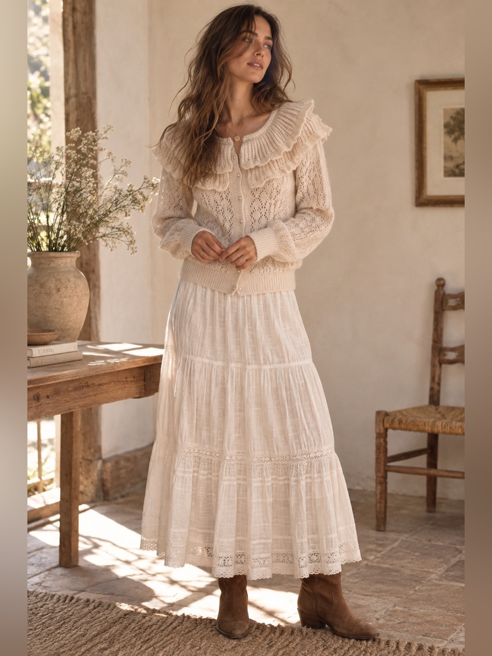 ASTR The Label Ivory Ruffle Collar Pointelle Knit Cardigan Pearl Buttons